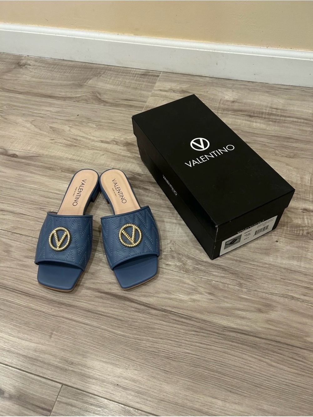 Final Sale Valentino Blue Quilted Slide Sandals with Gold V Logo